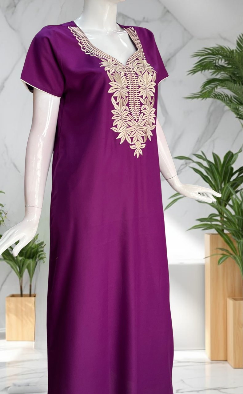 Violet Embroidery Soft Cotton Nighty. Soft Breathable Fabric | Laces and Frills