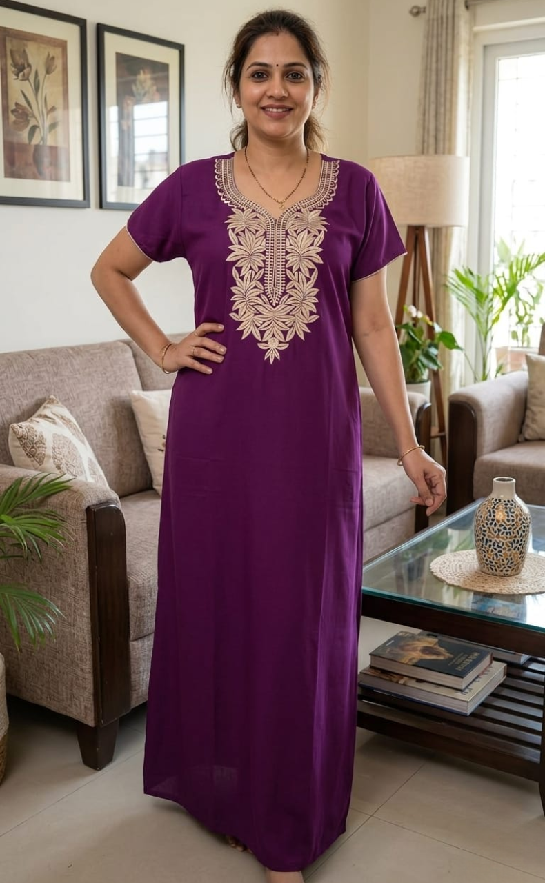 Violet Embroidery Soft Cotton Nighty. Soft Breathable Fabric | Laces and Frills