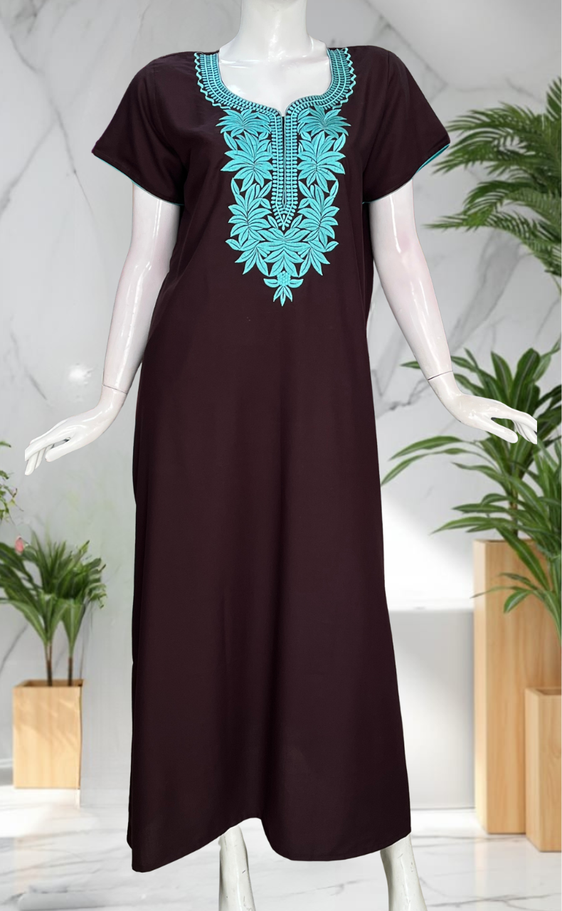 Brown Embroidery Soft Cotton Nighty. Soft Breathable Fabric | Laces and Frills