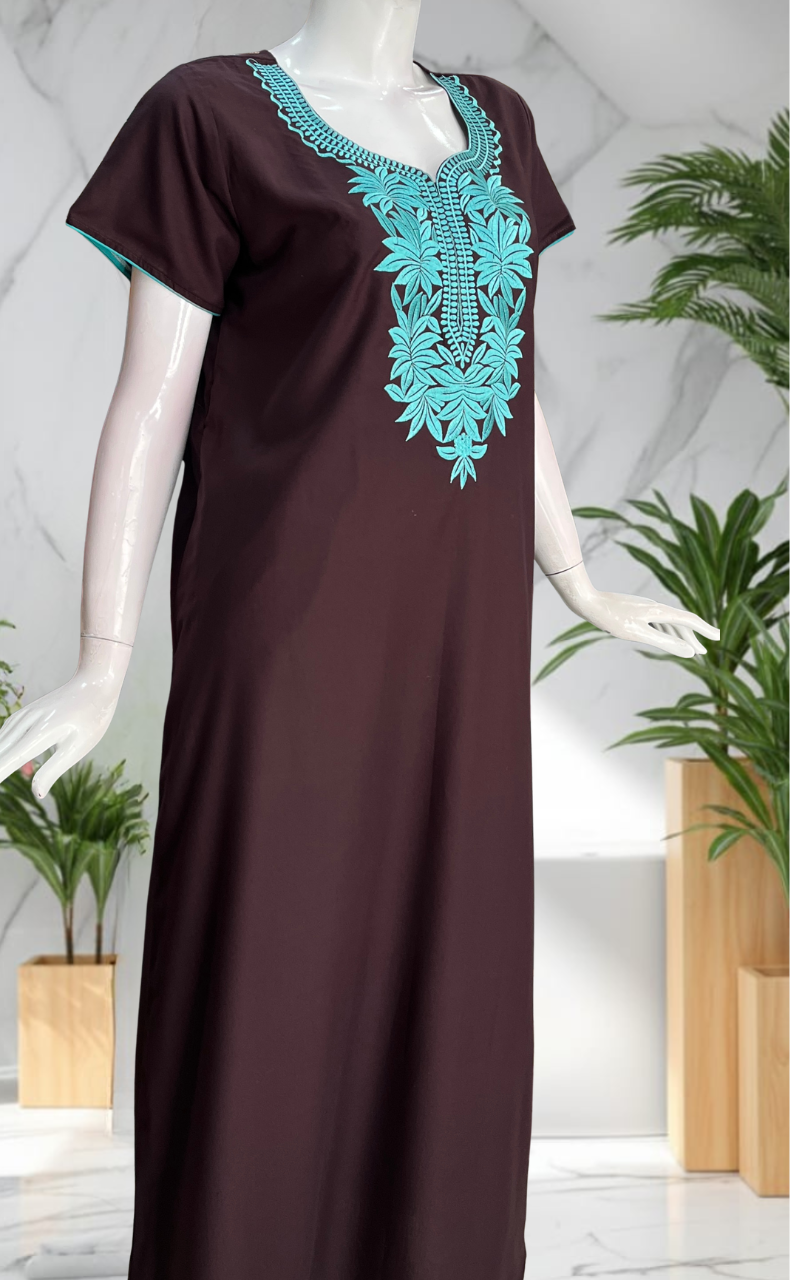 Brown Embroidery Soft Cotton Nighty. Soft Breathable Fabric | Laces and Frills