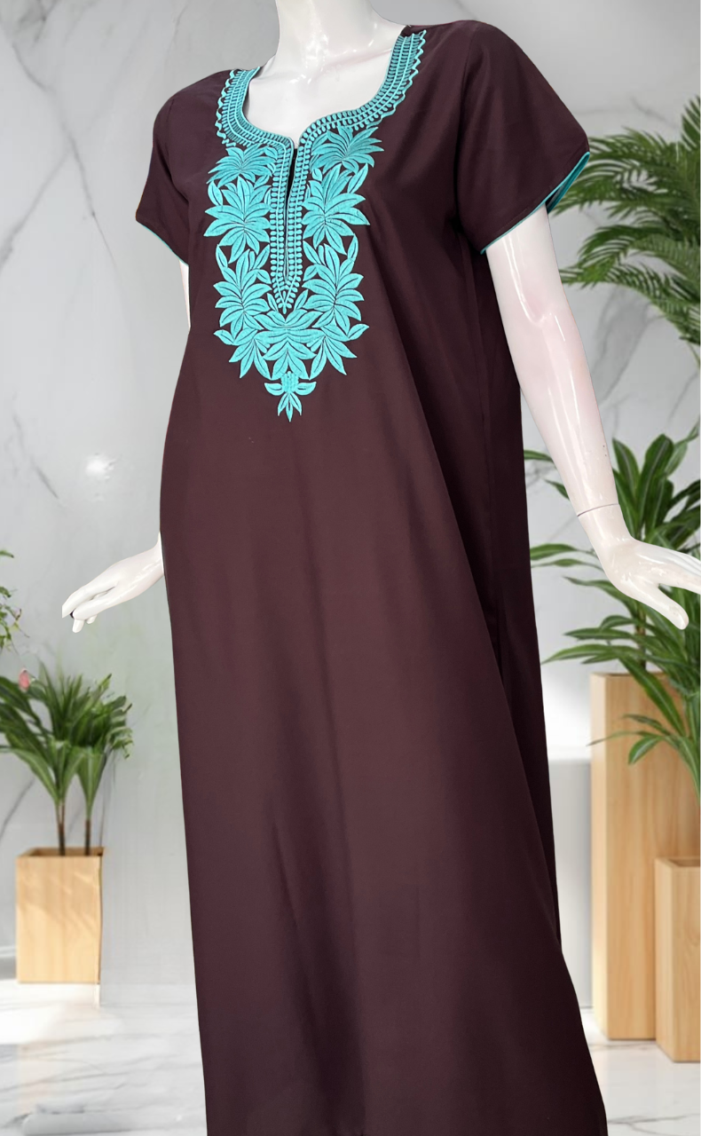 Brown Embroidery Soft Cotton Nighty. Soft Breathable Fabric | Laces and Frills