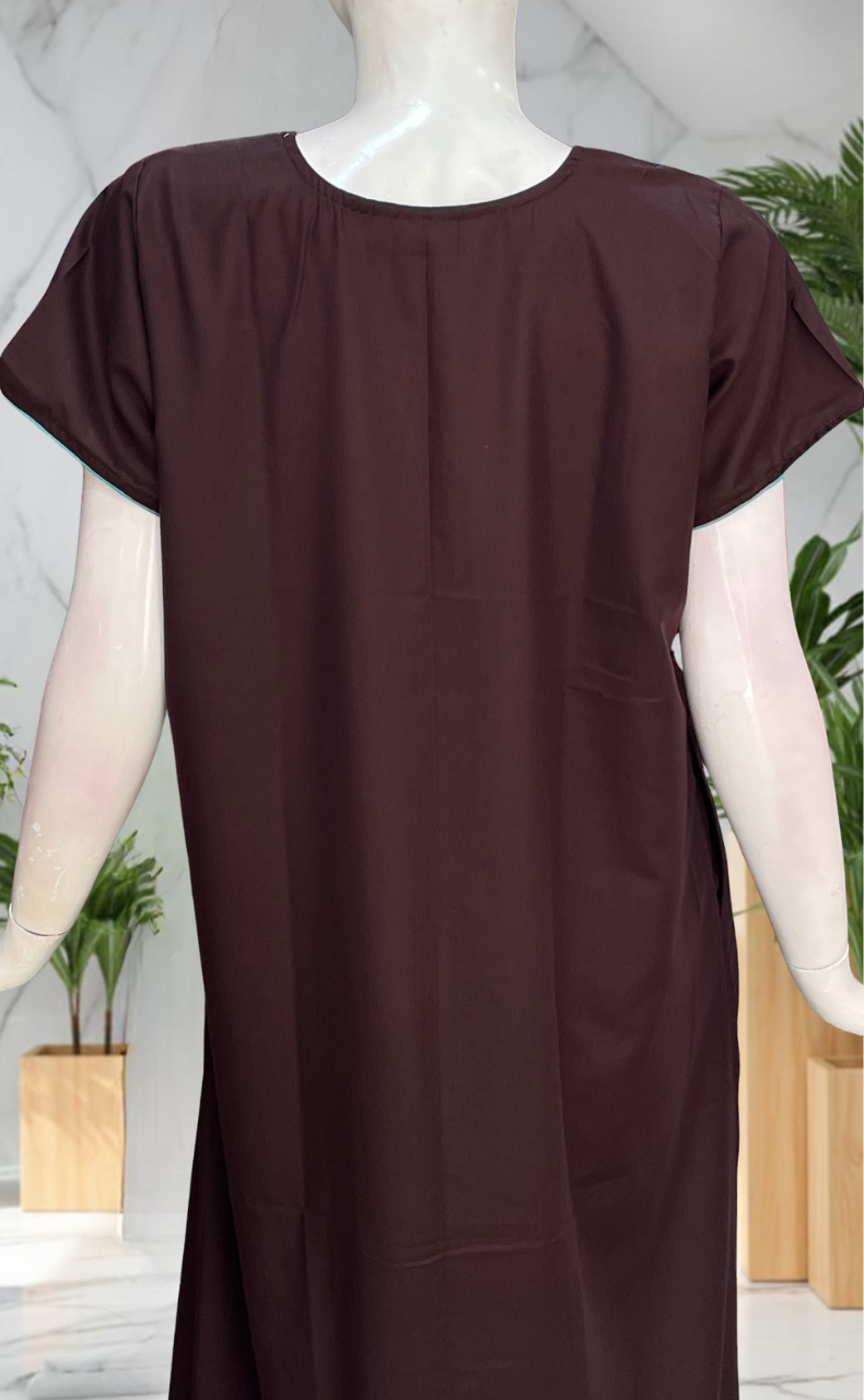 Brown Embroidery Soft Cotton Nighty. Soft Breathable Fabric | Laces and Frills