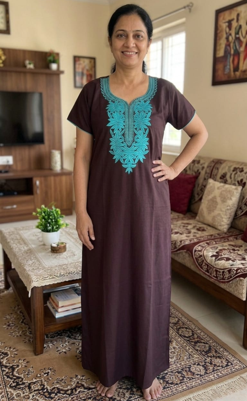 Brown Embroidery Soft Cotton Nighty. Soft Breathable Fabric | Laces and Frills