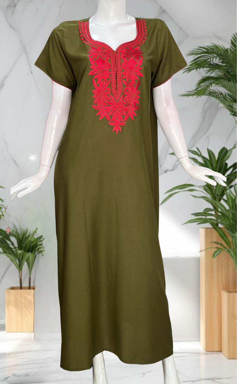 Mehndi Green Embroidery Soft Cotton Nighty. Soft Breathable Fabric | Laces and Frills
