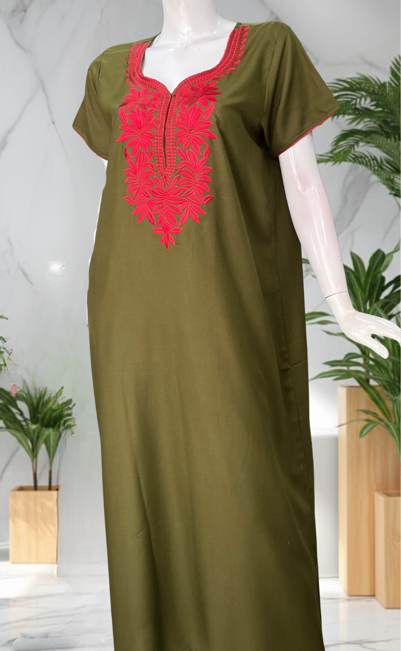 Mehndi Green Embroidery Soft Cotton Nighty. Soft Breathable Fabric | Laces and Frills