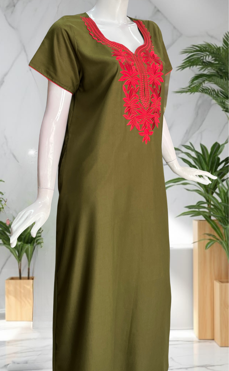 Mehndi Green Embroidery Soft Cotton Nighty. Soft Breathable Fabric | Laces and Frills