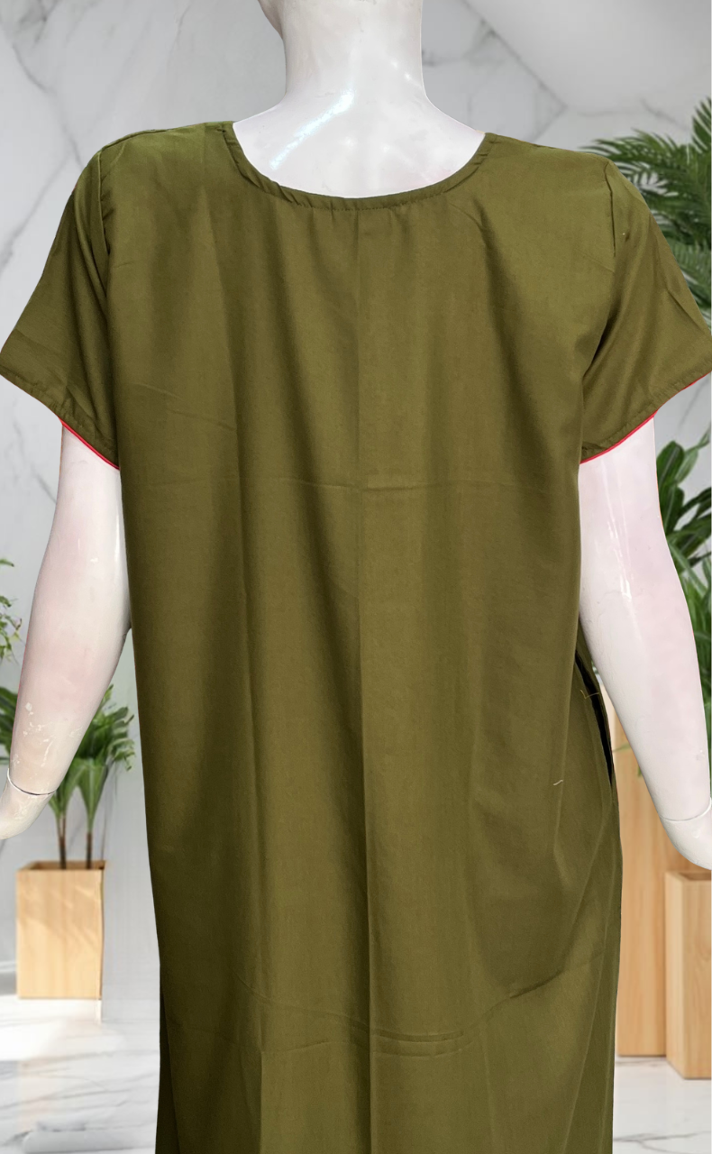 Mehndi Green Embroidery Soft Cotton Nighty. Soft Breathable Fabric | Laces and Frills
