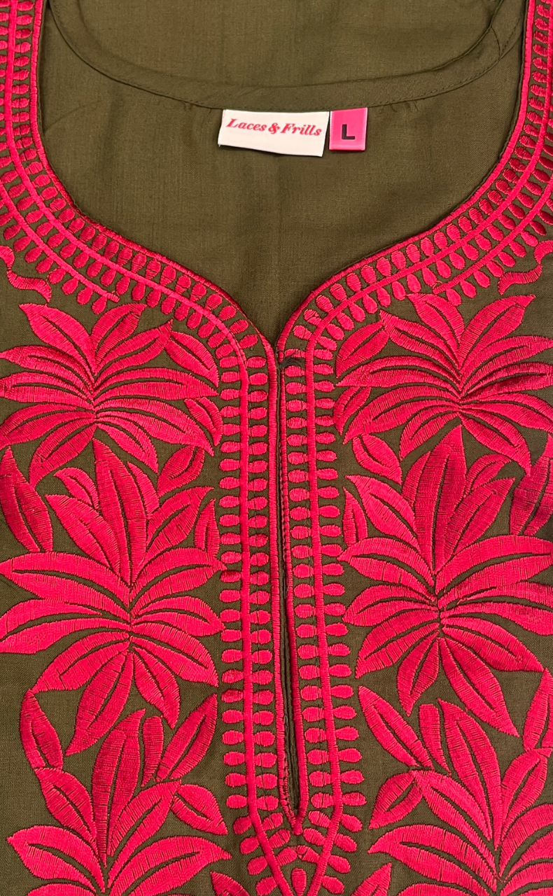 Mehndi Green Embroidery Soft Cotton Nighty. Soft Breathable Fabric | Laces and Frills
