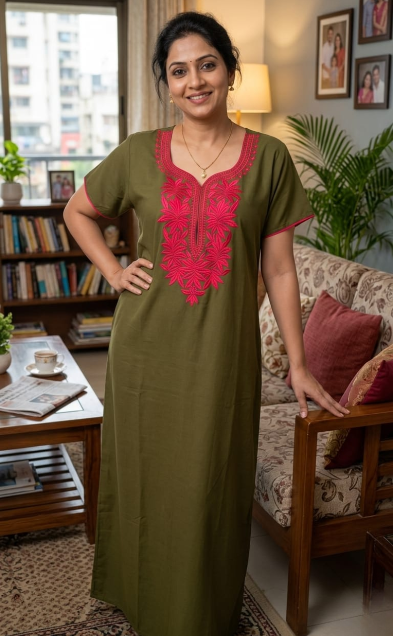 Mehndi Green Embroidery Soft Cotton Nighty. Soft Breathable Fabric | Laces and Frills