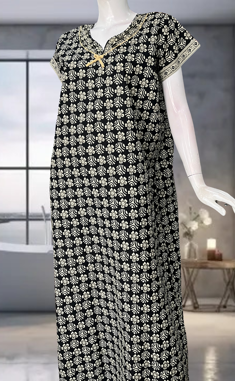 Black Flora Pure Cotton Nighty. Pure Durable Cotton | Laces and Frills