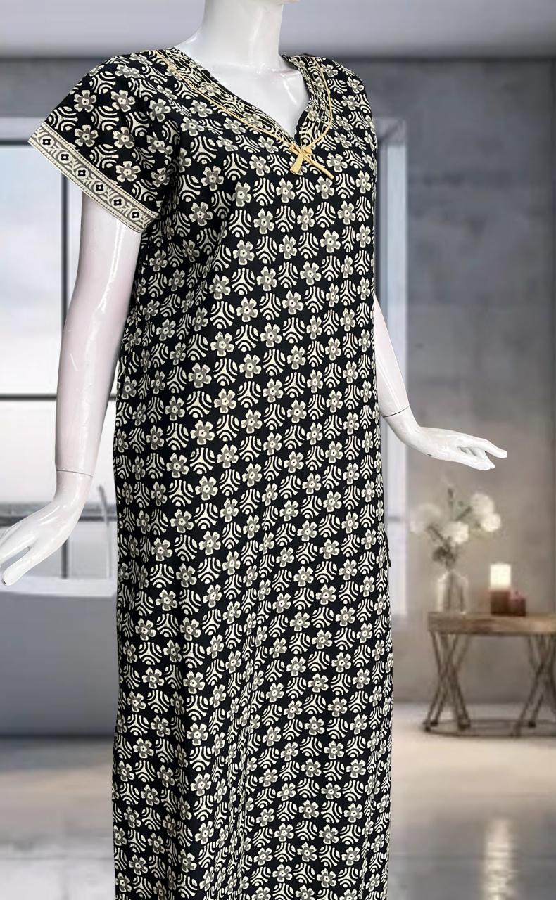 Black Flora Pure Cotton Nighty. Pure Durable Cotton | Laces and Frills