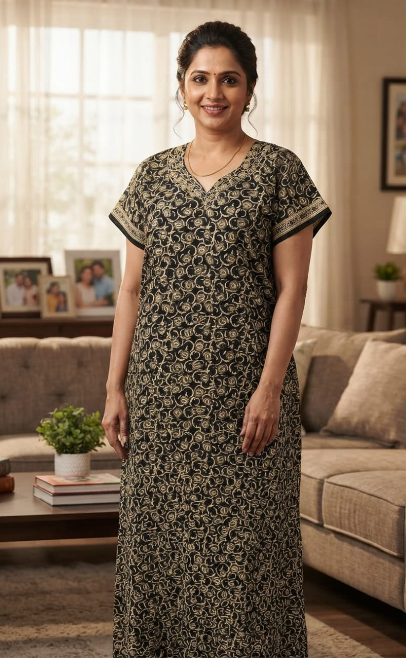 Black Flora Pure Cotton Nighty. Pure Durable Cotton | Laces and Frills