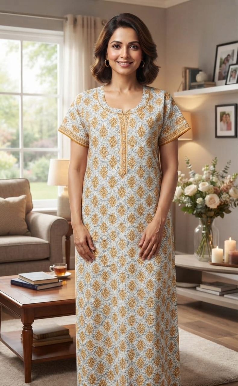 Yellow Garden Pure Cotton Nighty. Pure Durable Cotton | Laces and Frills