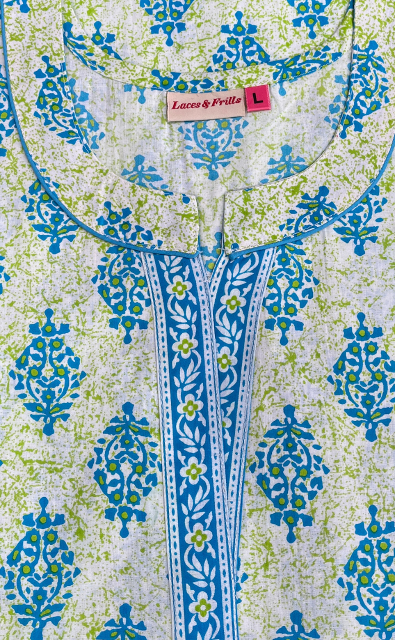 Sky Blue Garden Flora Pure Cotton Nighty. Pure Durable Cotton | Laces and Frills