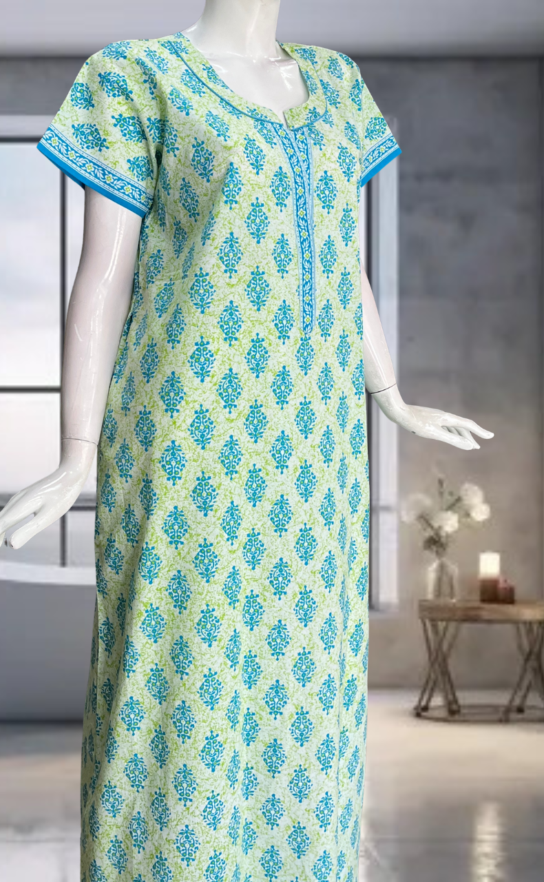 Sky Blue Garden Flora Pure Cotton Nighty. Pure Durable Cotton | Laces and Frills