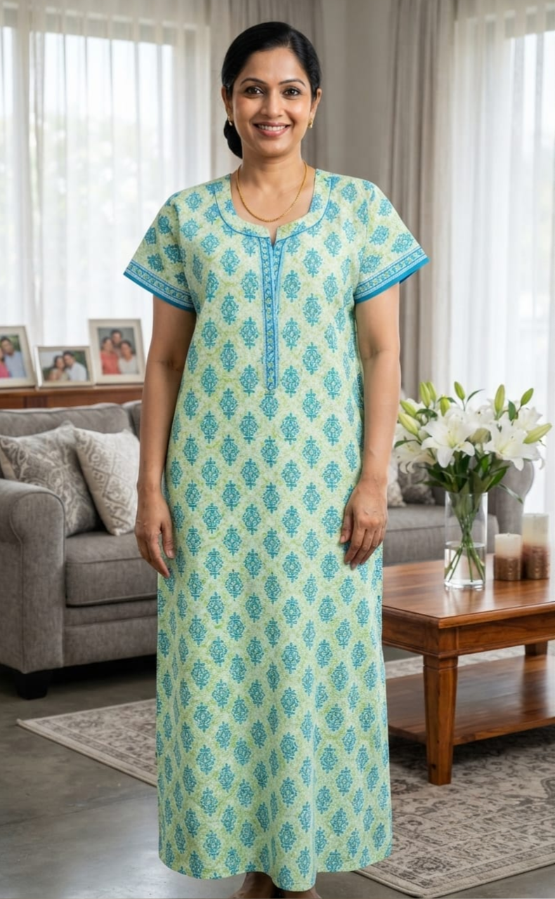 Sky Blue Garden Flora Pure Cotton Nighty. Pure Durable Cotton | Laces and Frills