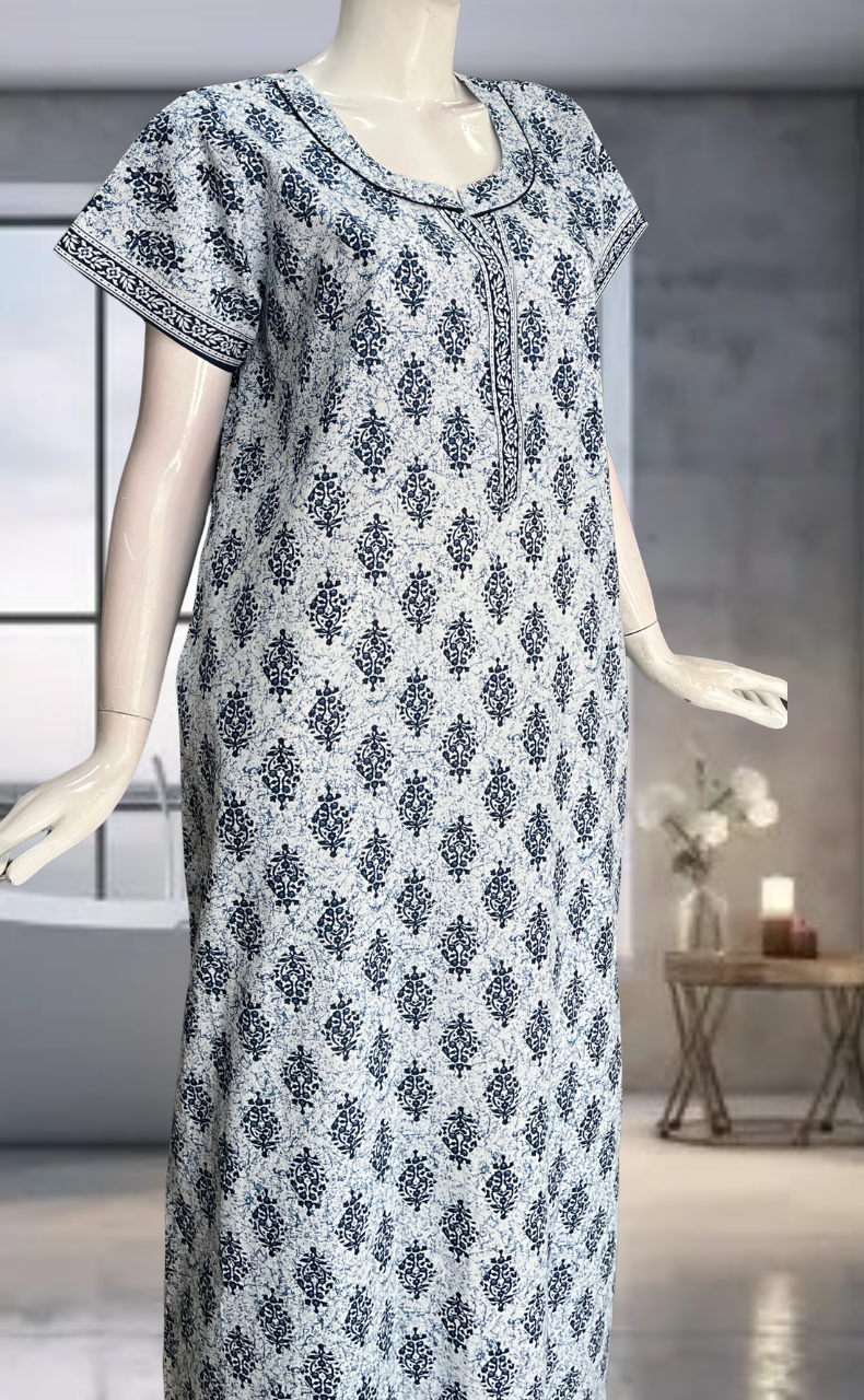 Navy Blue Garden Pure Cotton Nighty. Pure Durable Cotton | Laces and Frills