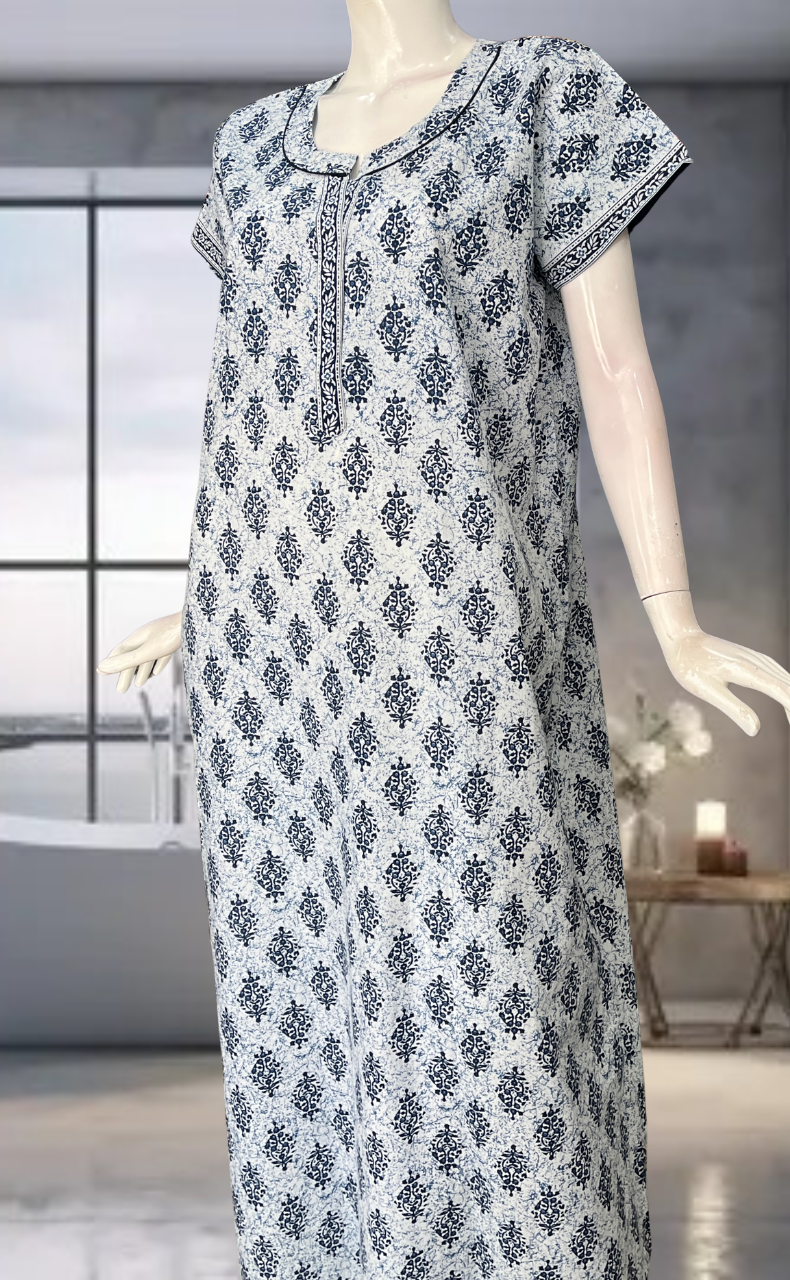 Navy Blue Garden Pure Cotton Nighty. Pure Durable Cotton | Laces and Frills