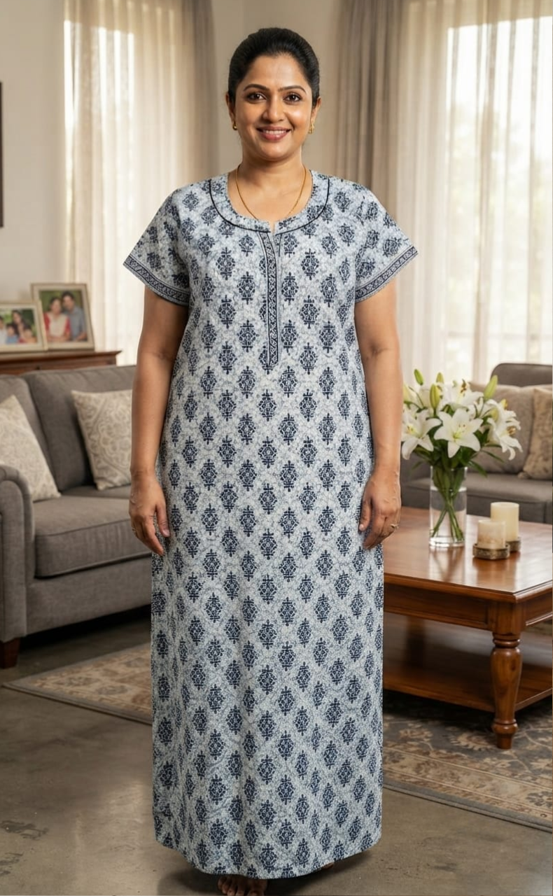 Navy Blue Garden Pure Cotton Nighty. Pure Durable Cotton | Laces and Frills