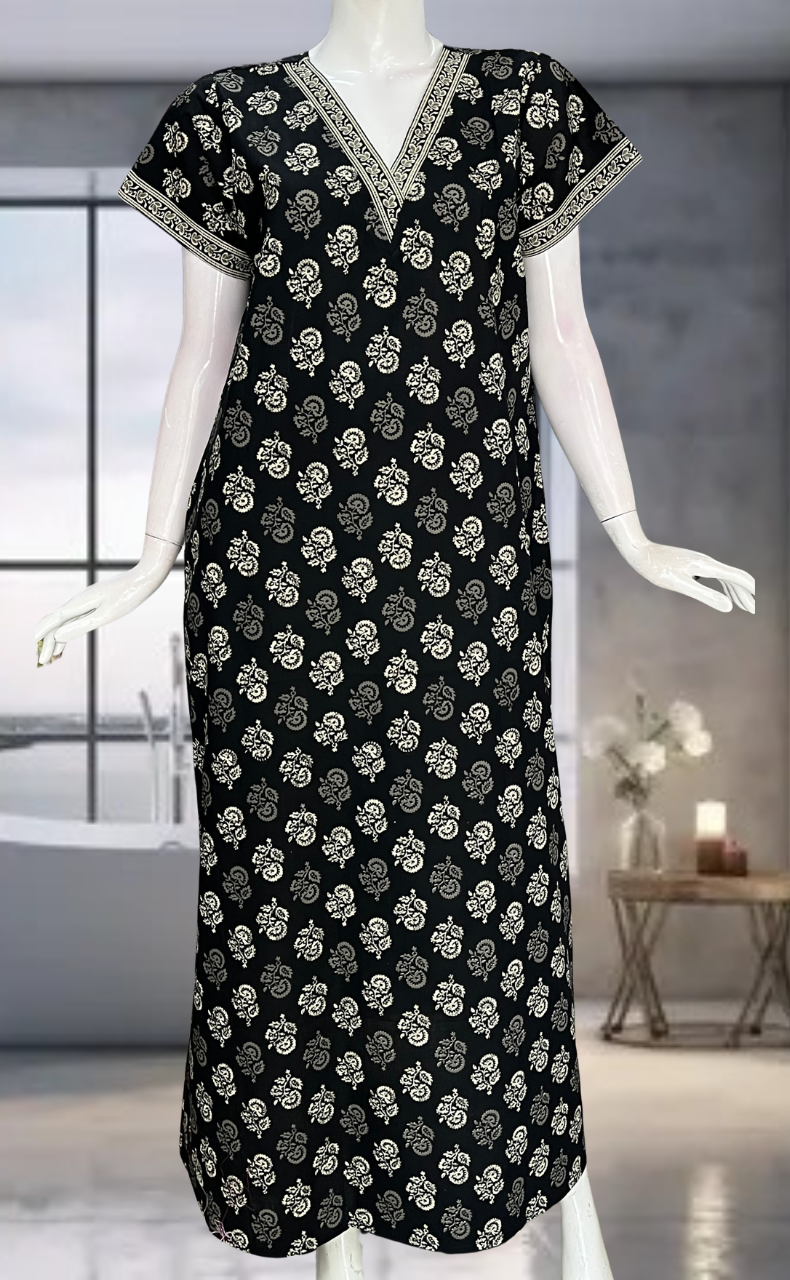 Black Flora Pure Cotton Nighty. Pure Durable Cotton | Laces and Frills