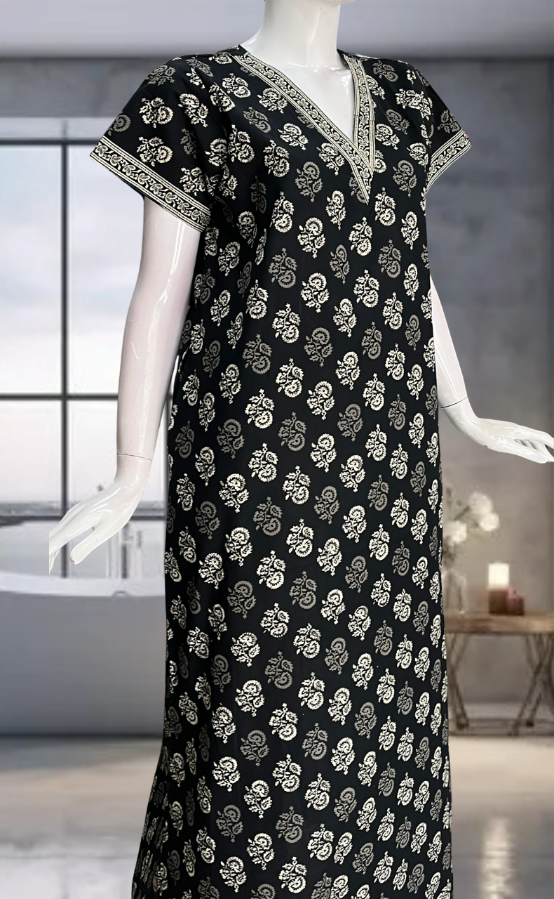 Black Flora Pure Cotton Nighty. Pure Durable Cotton | Laces and Frills