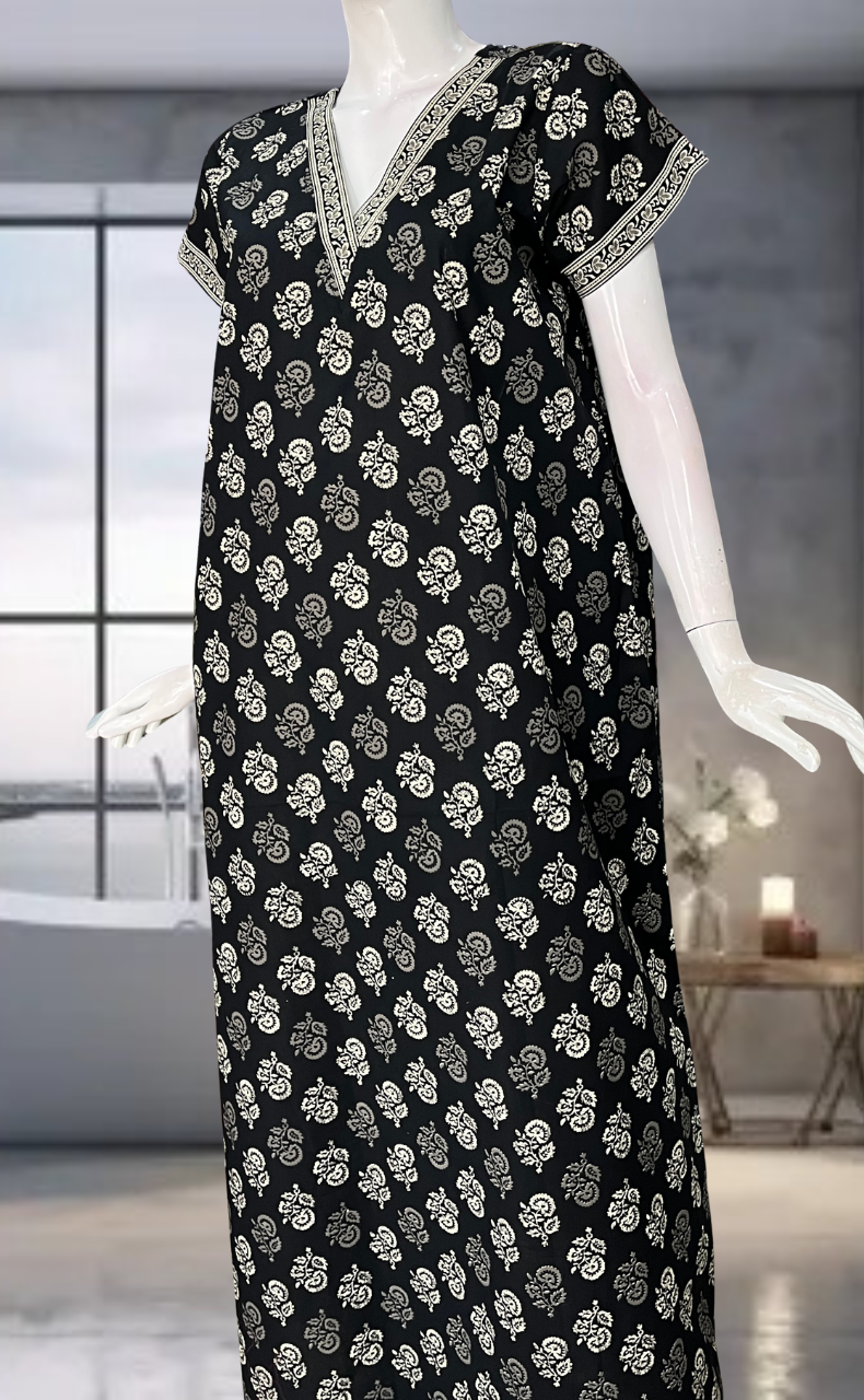 Black Flora Pure Cotton Nighty. Pure Durable Cotton | Laces and Frills