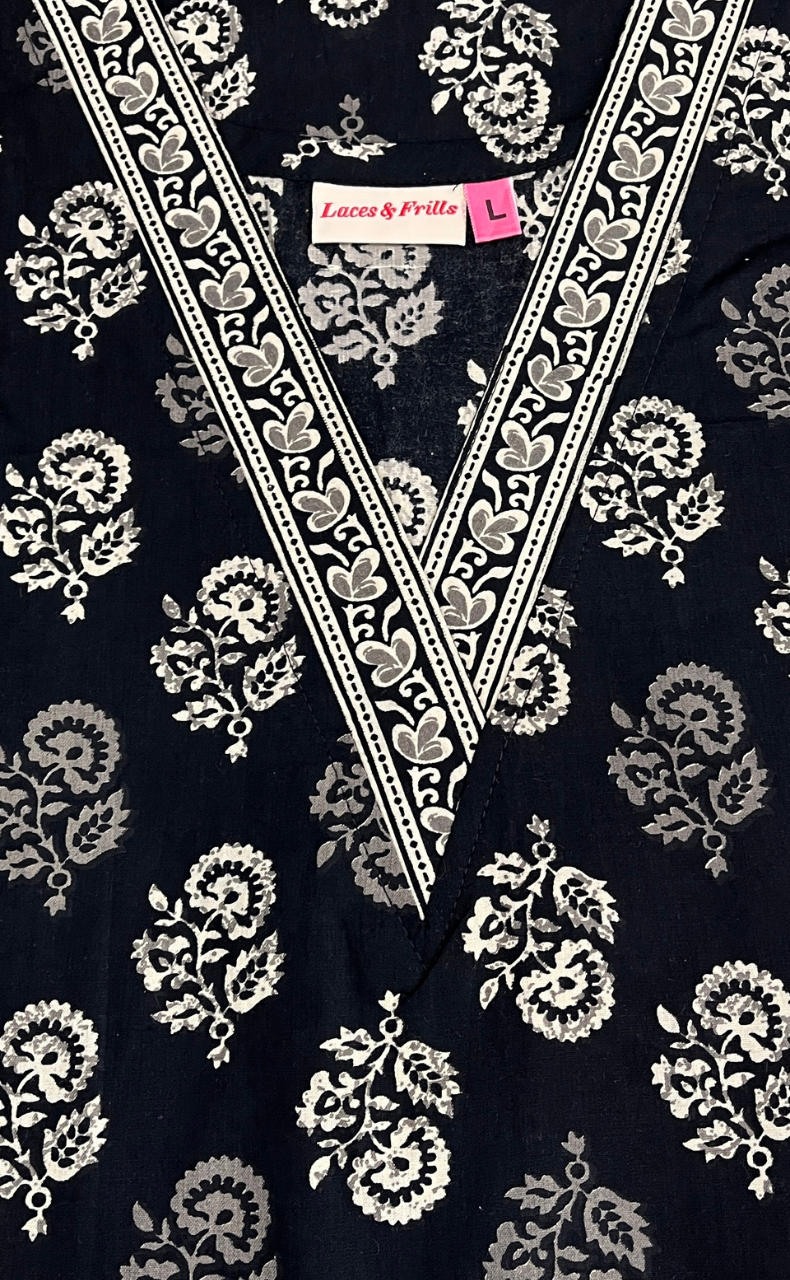 Black Flora Pure Cotton Nighty. Pure Durable Cotton | Laces and Frills