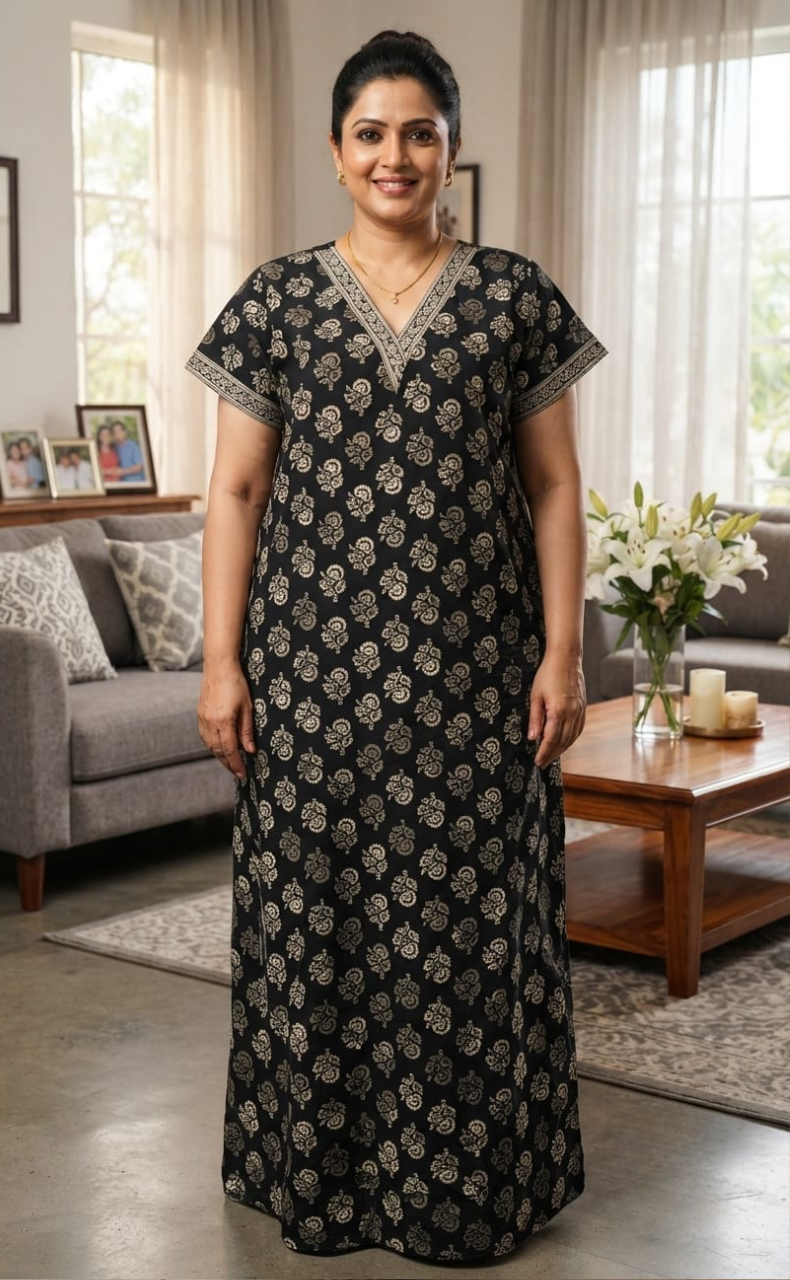 Black Flora Pure Cotton Nighty. Pure Durable Cotton | Laces and Frills