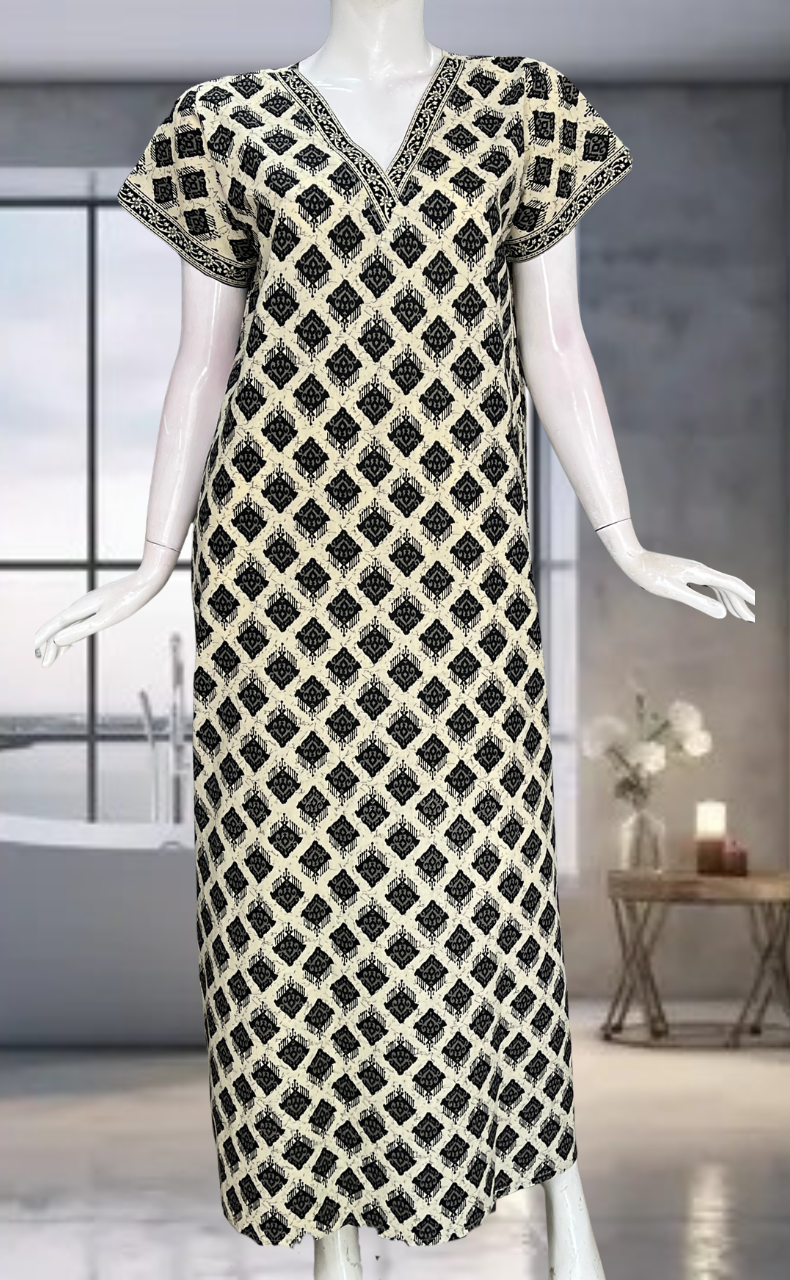 Off White Ethnic Print Pure Cotton Nighty. Pure Durable Cotton | Laces and Frills