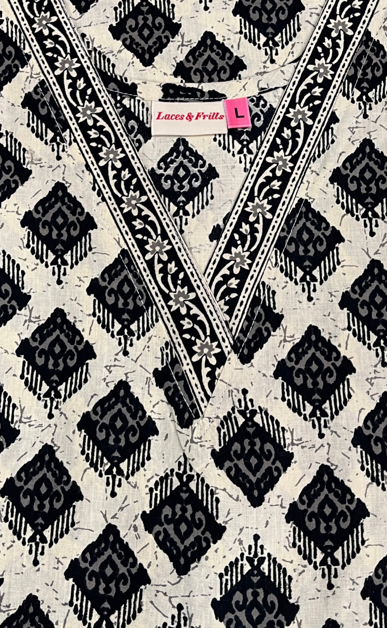 Off White Ethnic Print Pure Cotton Nighty. Pure Durable Cotton | Laces and Frills