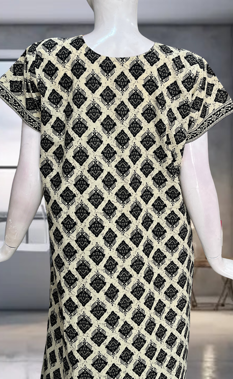 Off White Ethnic Print Pure Cotton Nighty. Pure Durable Cotton | Laces and Frills