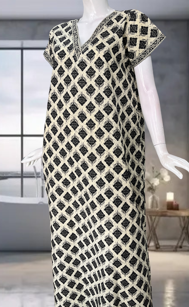 Off White Ethnic Print Pure Cotton Nighty. Pure Durable Cotton | Laces and Frills