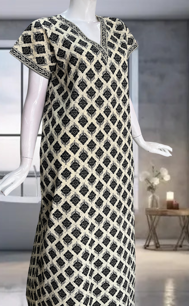 Off White Ethnic Print Pure Cotton Nighty. Pure Durable Cotton | Laces and Frills