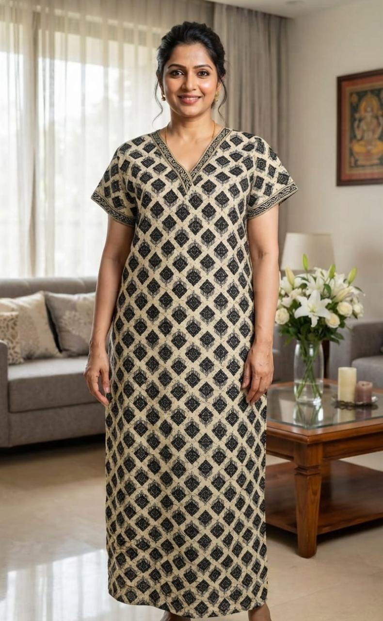 Off White Ethnic Print Pure Cotton Nighty. Pure Durable Cotton | Laces and Frills