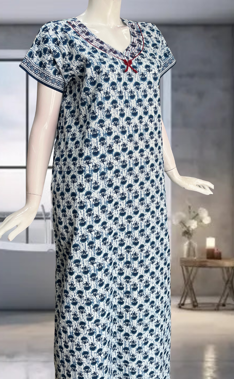 Blue Flora Pure Cotton Nighty. Pure Durable Cotton | Laces and Frills