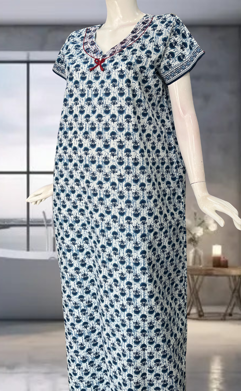 Blue Flora Pure Cotton Nighty. Pure Durable Cotton | Laces and Frills