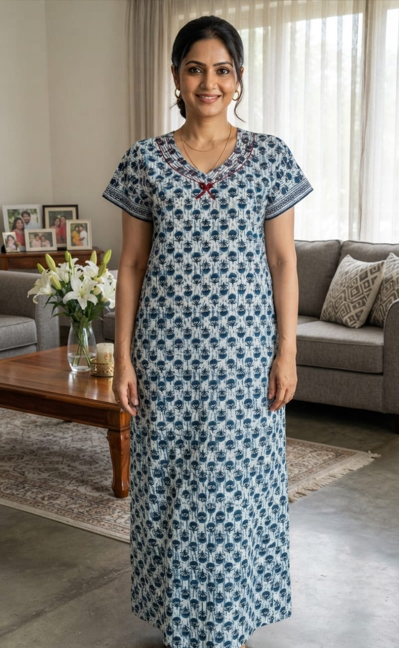 Blue Flora Pure Cotton Nighty. Pure Durable Cotton | Laces and Frills