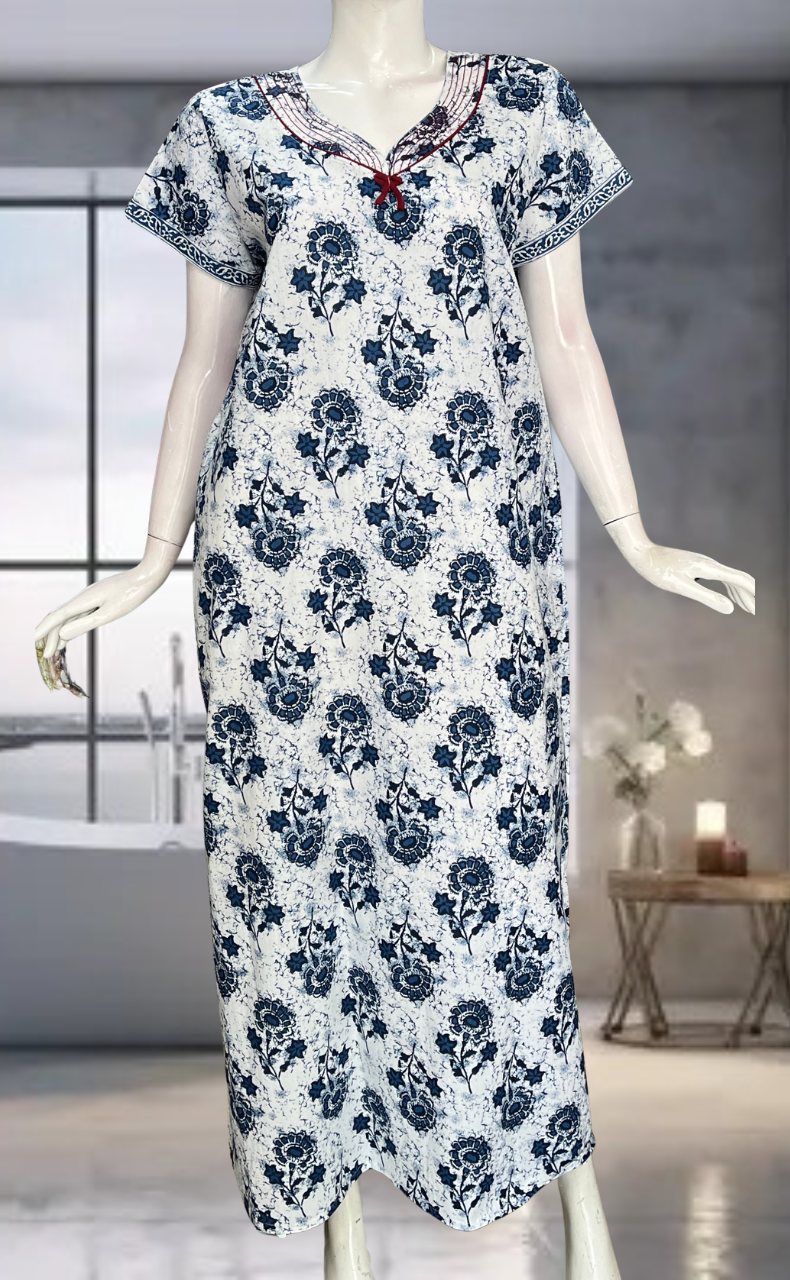 Blue Flora Pure Cotton Nighty. Pure Durable Cotton | Laces and Frills