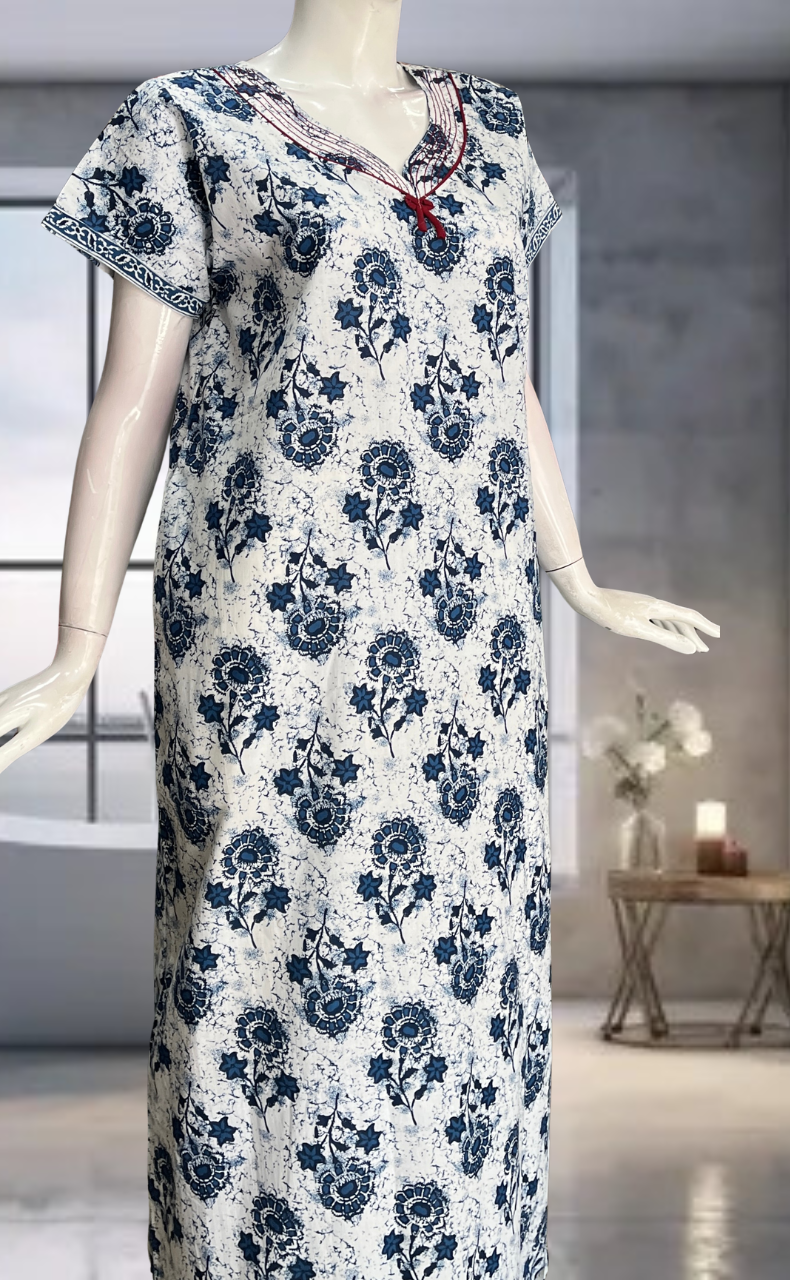 Blue Flora Pure Cotton Nighty. Pure Durable Cotton | Laces and Frills