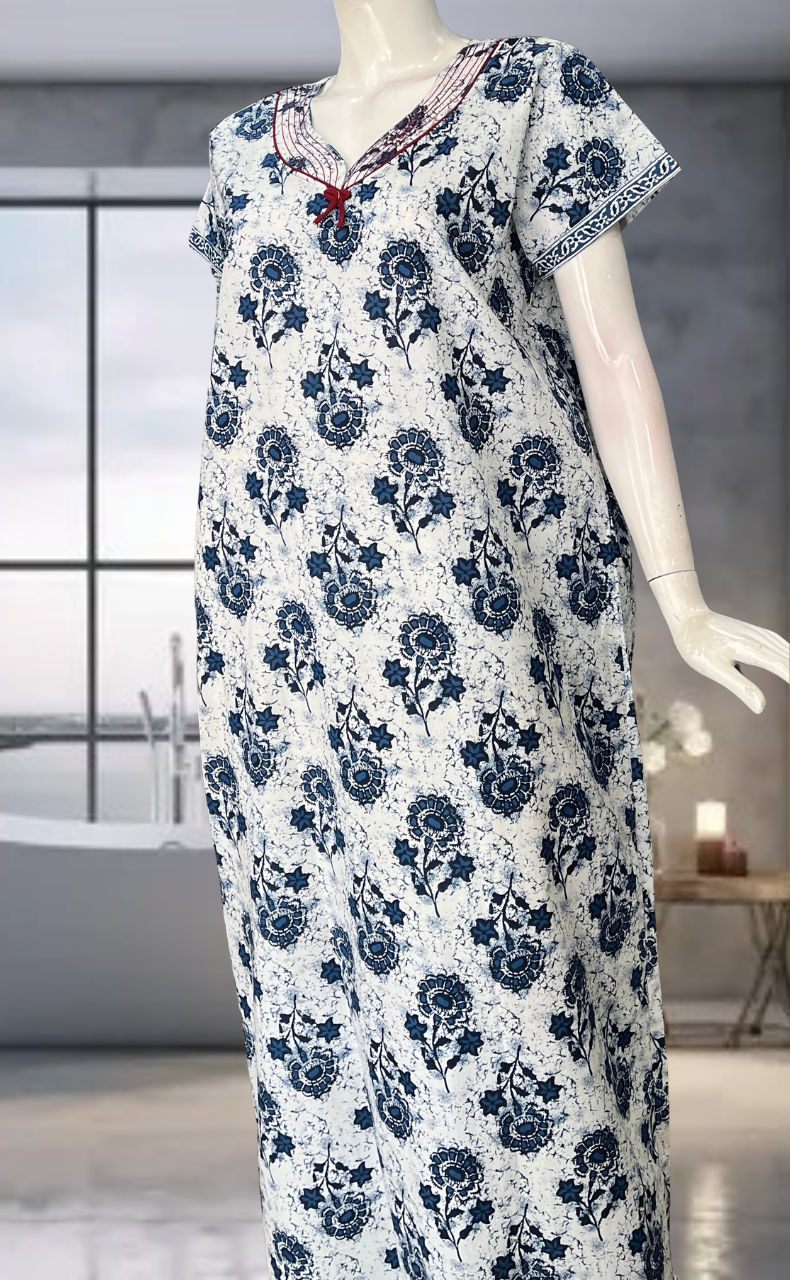 Blue Flora Pure Cotton Nighty. Pure Durable Cotton | Laces and Frills