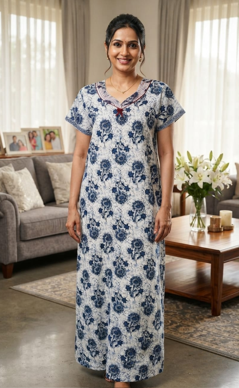 Blue Flora Pure Cotton Nighty. Pure Durable Cotton | Laces and Frills