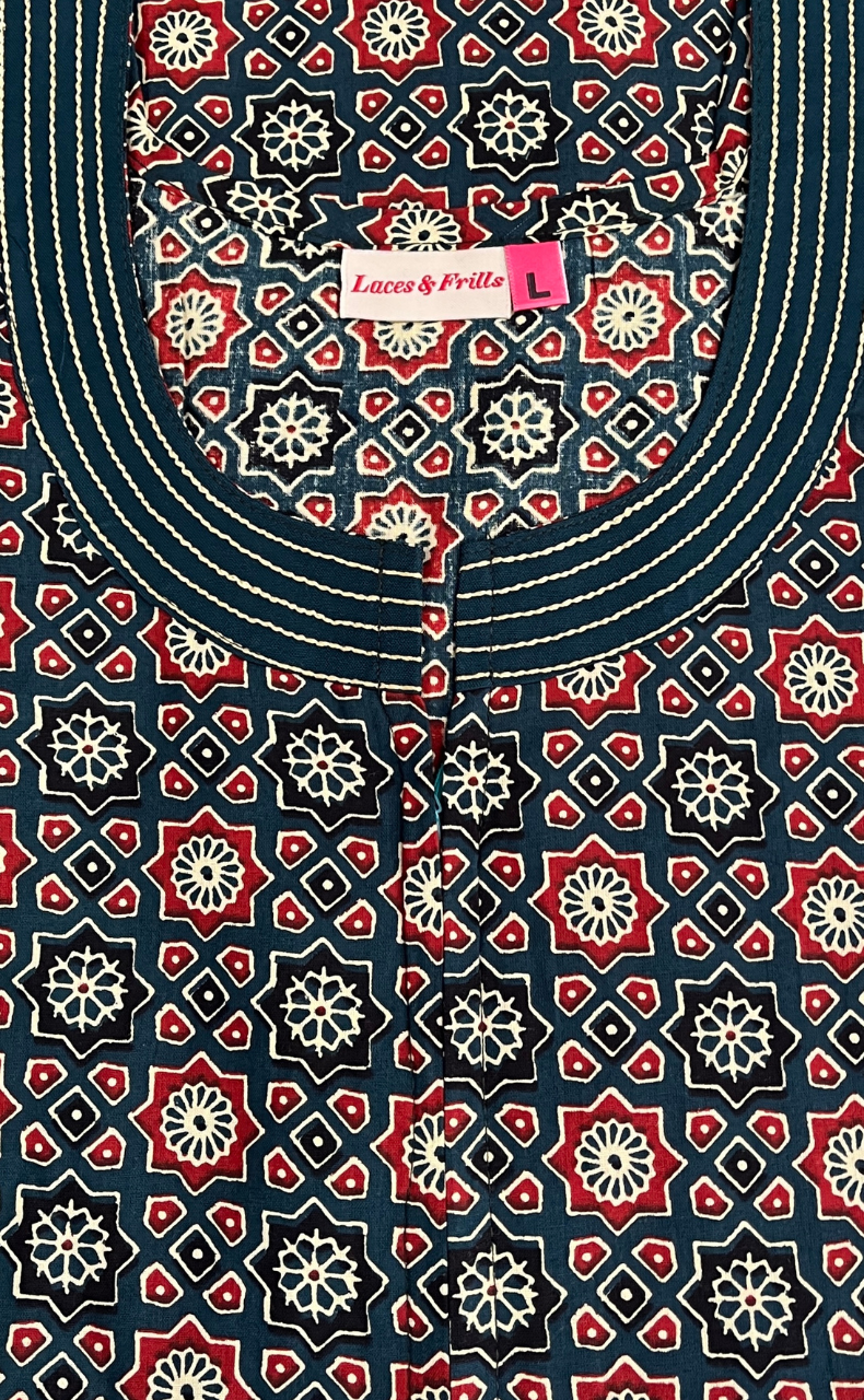 Teal Green Ajrakh Pure Cotton Zip Nighty. Pure Durable Cotton | Laces and Frills