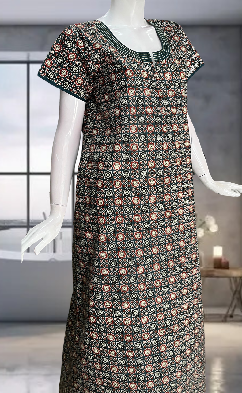 Teal Green Ajrakh Pure Cotton Zip Nighty. Pure Durable Cotton | Laces and Frills