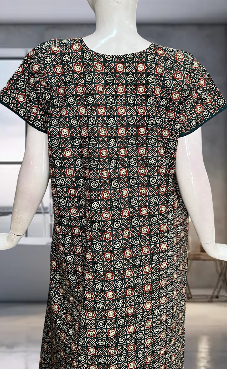 Teal Green Ajrakh Pure Cotton Zip Nighty. Pure Durable Cotton | Laces and Frills