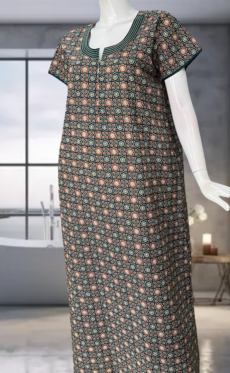 Teal Green Ajrakh Pure Cotton Zip Nighty. Pure Durable Cotton | Laces and Frills