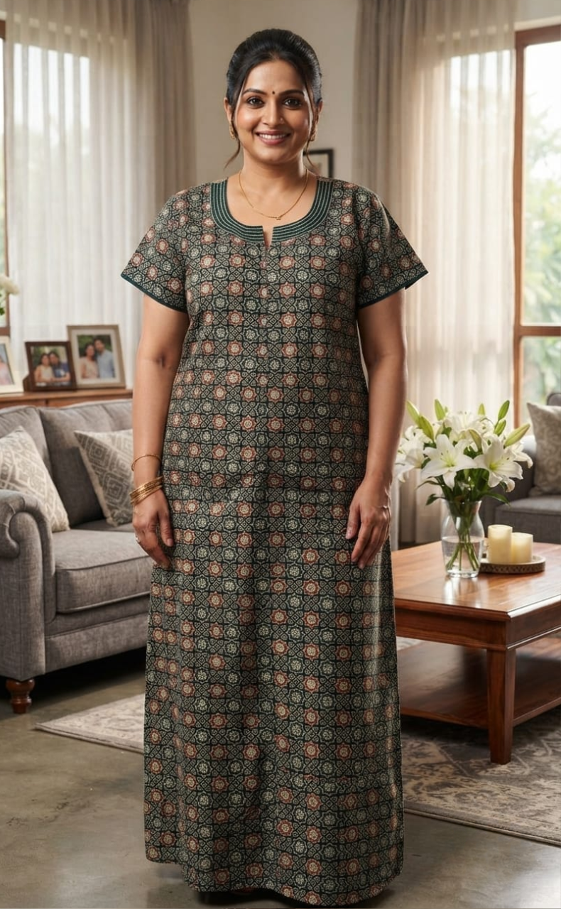 Teal Green Ajrakh Pure Cotton Zip Nighty. Pure Durable Cotton | Laces and Frills