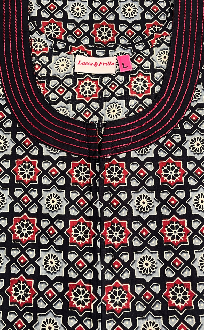 Black Ajrakh Pure Cotton Zip Nighty. Pure Durable Cotton | Laces and Frills