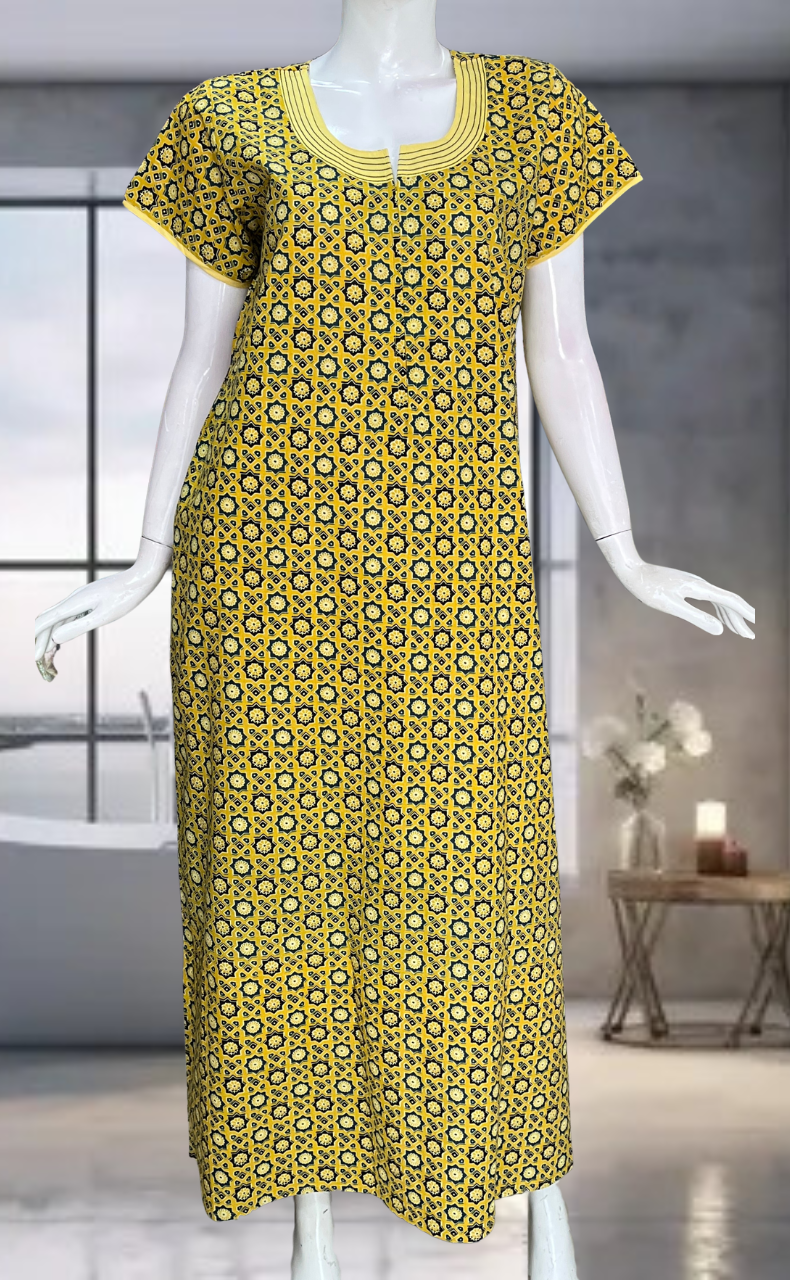 Yellow Ajrakh Pure Cotton Zip Nighty. Pure Durable Cotton | Laces and Frills