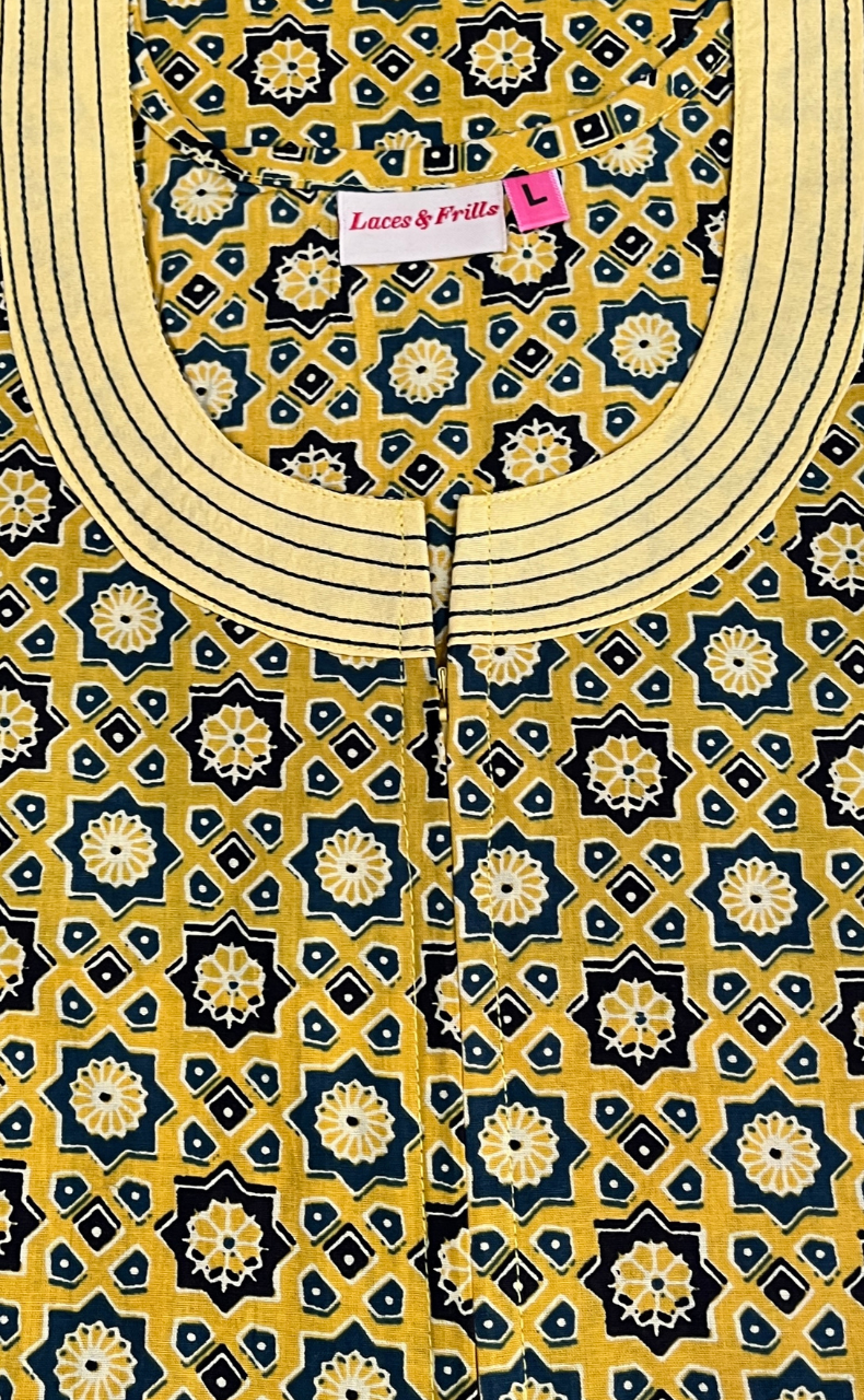 Yellow Ajrakh Pure Cotton Zip Nighty. Pure Durable Cotton | Laces and Frills