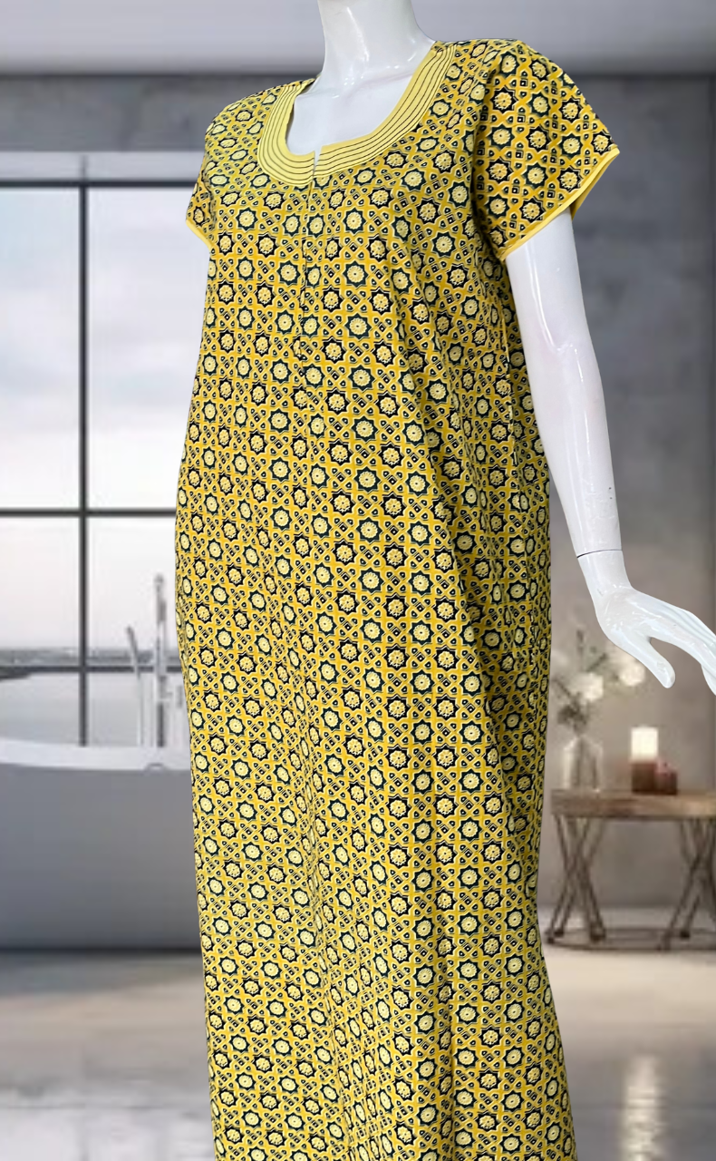 Yellow Ajrakh Pure Cotton Zip Nighty. Pure Durable Cotton | Laces and Frills